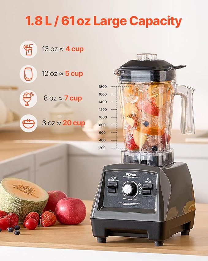 VEVOR Blender for Smoothies, 61 oz 1400W, Professional Blender - Image 3