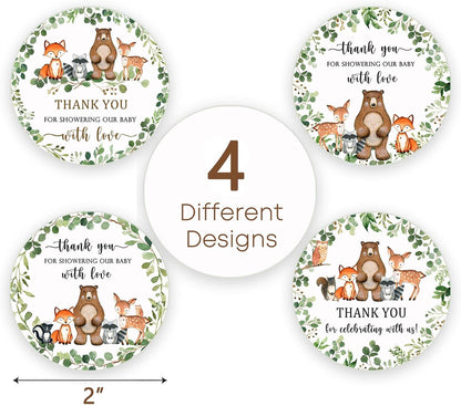 80 Woodland Thank You Favor Stickers, 2" Forest Animals Baby Shower Sticker | Woodland Baby Shower Party Decorations