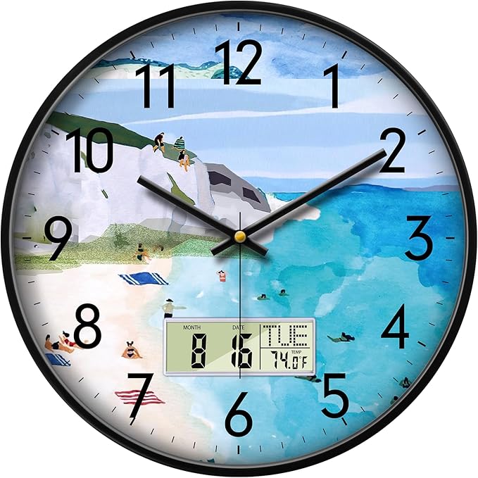 SCOAGE Silent Wall Clock with Temperature Day and Date Blue Mountain and Sea by SCOAGE