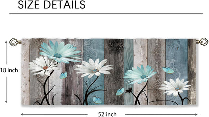 Teal Farmhouse Daisy Curtain Valance for Window Treatments Wooden Flower Rod Pocket Kitchen Treatment Rustic Floral Butterfly Country Drapes for Bathroom Bedroom Living Room (52x18 Inch)