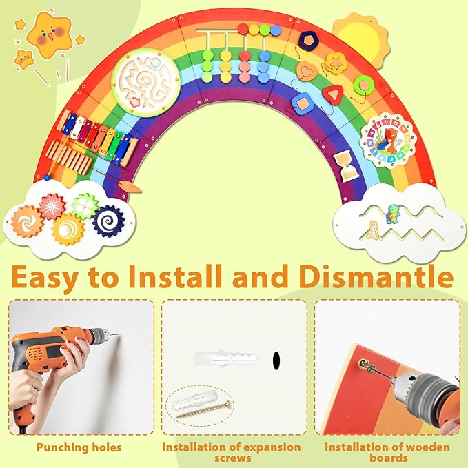 5FT Large Sunshine Rainbow Wooden Activity Wall Panel Christmas Gift - Image 4