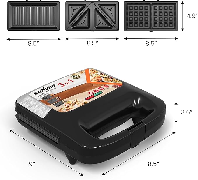 Sunvivi Waffle Iron, Panini Press Grill and Sandwich Maker Set, 3 in 1 Electric - Image 2