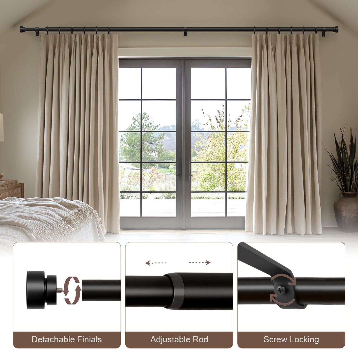 Lootkell Modern Black Curtain Rods for Windows 28 to 48 Inches Adjustable Length Heavy Duty 1" Diameter Window Curtain Rod with Decorative Finials for Outdoor Bedroom Kitchen Living Room