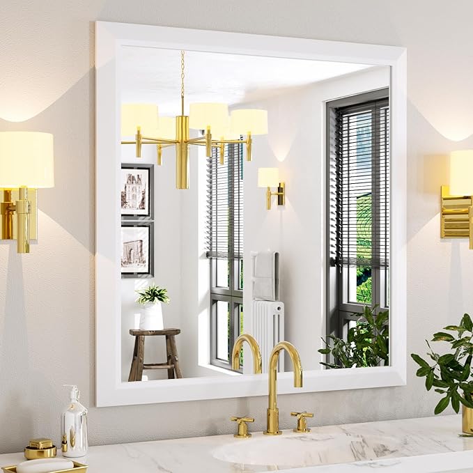 Amorho Bathroom Mirror, 40X38 Inch White Thick Metal Framed Wall Mirrors - Image 8