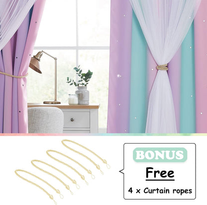 NICETOWN Baby Room Decor, White Gauze & Blackout Drapes Assembled, Star Cut Romantic and Colorful Curtains with Versatile Styling Options for Birthday Party (Blue & Purple & Pink, Each is W52 x L84)
