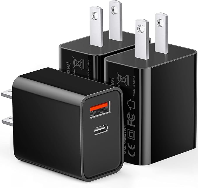 3 Pack Type C Charger, Dual Port USB C Wall Plug 20W PD & QC3.0 USB A Fast by CSODINCE