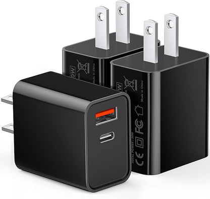 3 Pack Type C Charger, Dual Port USB C Wall Plug 20W PD & QC3.0 USB A Fast by CSODINCE