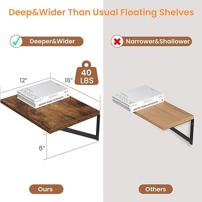 Heimlove Deep Floating Shelves for Wall, 16W x 12D Wood Wall Shelves Set of 2 - Image 3