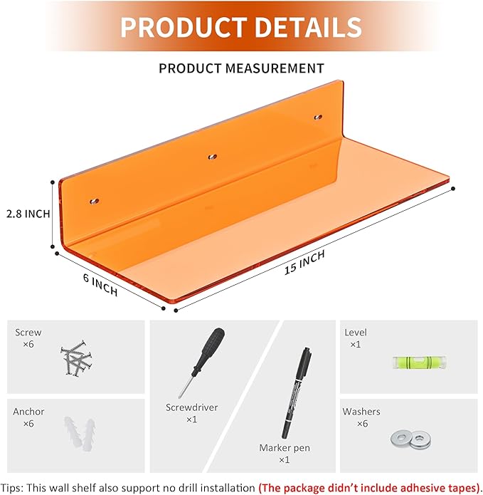 15 Inches Orange Acrylic Wall Shelves 2 Pack, L Shape Floating Shelf, Perspex - Image 2