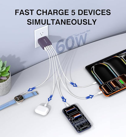 60W 2-Pack USB C Wall Charger Block, 5-Port C Charger Fast Charging Block PD - Image 2