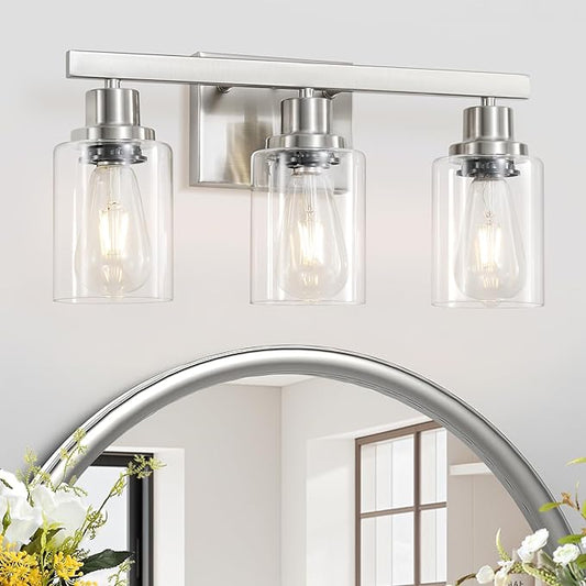 DIKAIDA 3-Light Bathroom Light Fixtures, Nickel Bathroom Vanity Light by DIKAIDALights