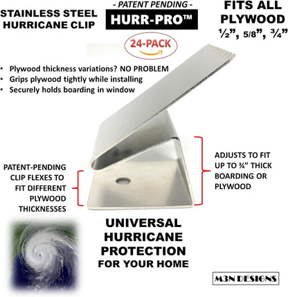 Universal Hurricane Window Clips, Stainless, 1/2" to 3/4" One-Size-Fits-All, 24-Pack 6-Windows, Reusable Hurricane Clip, Patent Pending