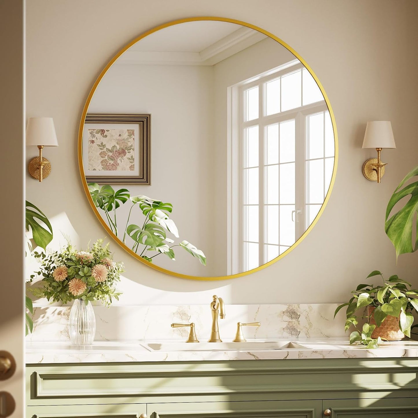 XRAMFY 40 Inch Round Mirror - Gold Circle Mirrors for Bathroom, Entryway | Modern Hanging Vanity Mirror, Aluminum Alloy Frame Matte Black Circle Decorative Wall Mirror for Living Room Wall Decor