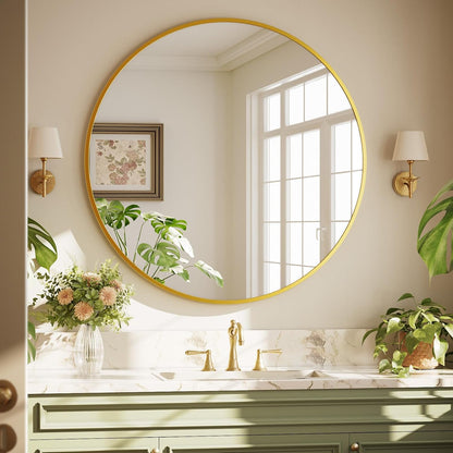 XRAMFY 40 Inch Round Mirror - Gold Circle Mirrors for Bathroom, Entryway | Modern Hanging Vanity Mirror, Aluminum Alloy Frame Matte Black Circle Decorative Wall Mirror for Living Room Wall Decor