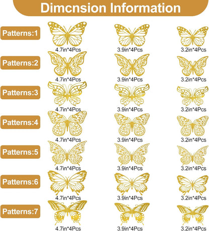 Rindion 84PCS 3D Butterfly Decorations, 3 Sizes 7 Styles Butterfly Wall Decor Gold Butterflies Decorations for Cake, Butterflies Party, Birthday, Wall