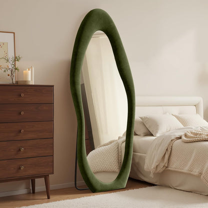 Anpark Full Length Mirror 63"x24" Irregular Full Body Wall Mounted Floor Mirror with Stand Green Flannel Wrapped Frame Leaning Hanging Wall Mirror for Bedroom Entrance Hallway