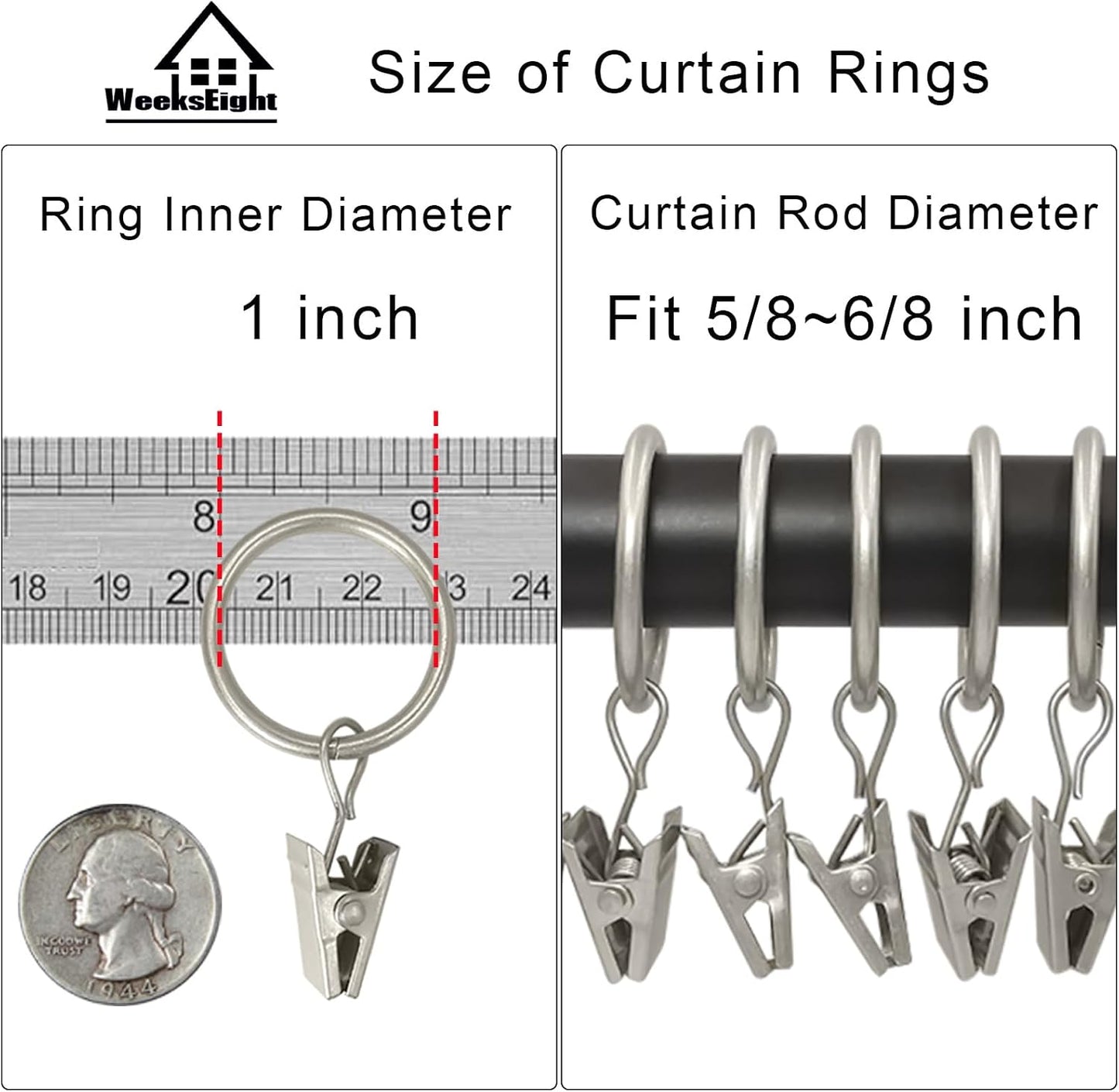 WeeksEight 44 Pack Matte Silver Curtain Rings with Clips, Curtain Hooks Hangers Clip Rings for Hanging Drapes Bows Hat, Drapery Rings 1 in I D, Fits up to 5/8 in Diameter Curtain Rod.