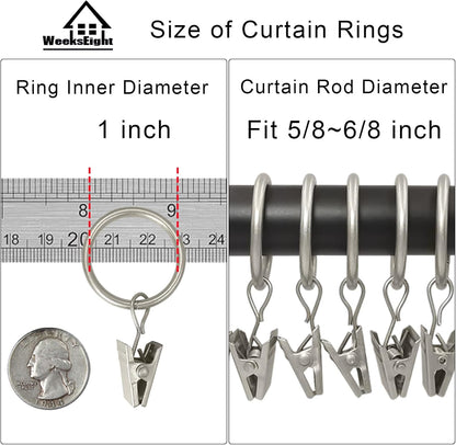WeeksEight 44 Pack Matte Silver Curtain Rings with Clips, Curtain Hooks Hangers Clip Rings for Hanging Drapes Bows Hat, Drapery Rings 1 in I D, Fits up to 5/8 in Diameter Curtain Rod.