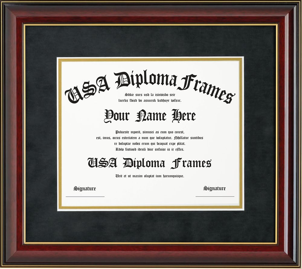 Glossy Cherry Mahogany with Gold Trim Diploma Frame & Black Suede Matting (ONLY fits 11x14 documents or certificates)