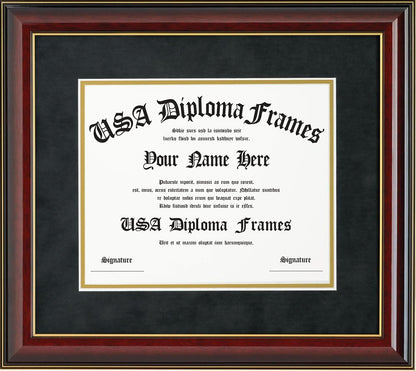 Glossy Cherry Mahogany with Gold Trim Diploma Frame & Black Suede Matting (ONLY fits 11x14 documents or certificates)