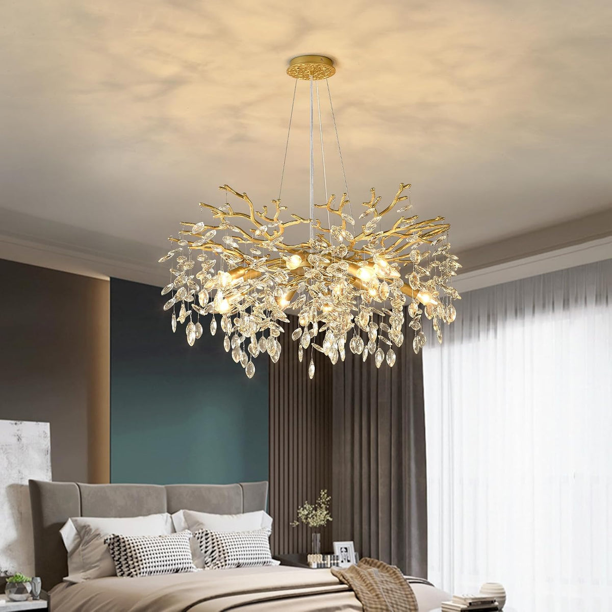 EGM Gold Tree Branch Chandelier 32" 10-Light Modern Crystal Light Fixture