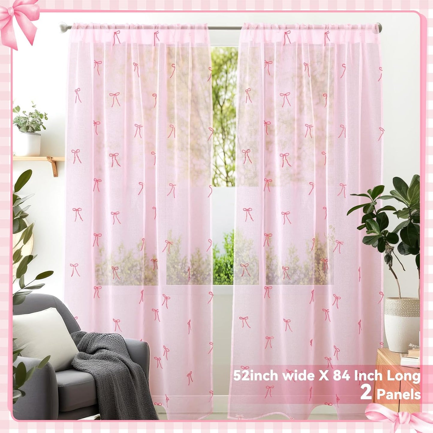 Tegeme 2 Panels Pink Bow Sheer Curtains for Bedroom 84 Inch | Embroidered Voile for Girls Room, Light Filtering Bedroom Decor, Sheer Panels for Kids Teens, Decorative Window Drapes