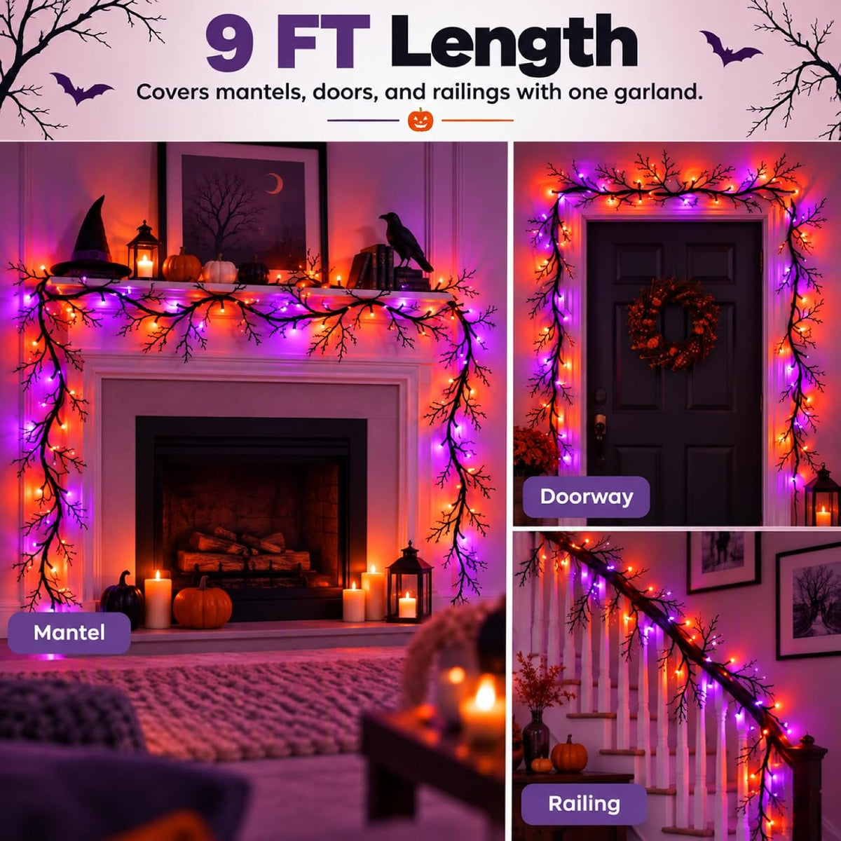 Halloween Garland with Orange & Purple Lights, 9 FT Bendable Black Branch