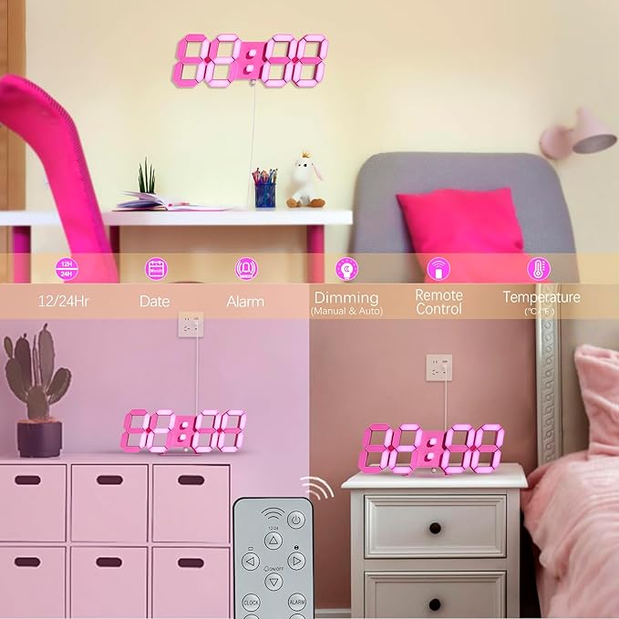 KOSUMOSU Pink LED Clock 3D Wall Clock 9.7" Table Clock - Image 6