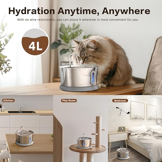 Battery Operated Cat Water Fountain Wireless, 4L/135oz Stainless Steel Pet - Image 3