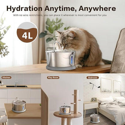 Battery Operated Cat Water Fountain Wireless, 4L/135oz Stainless Steel Pet - Image 3