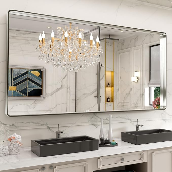 LOAAO 77X36 Inch Brushed Nickel Bathroom Mirror, Rounded Rectangle Silver Metal - Image 8