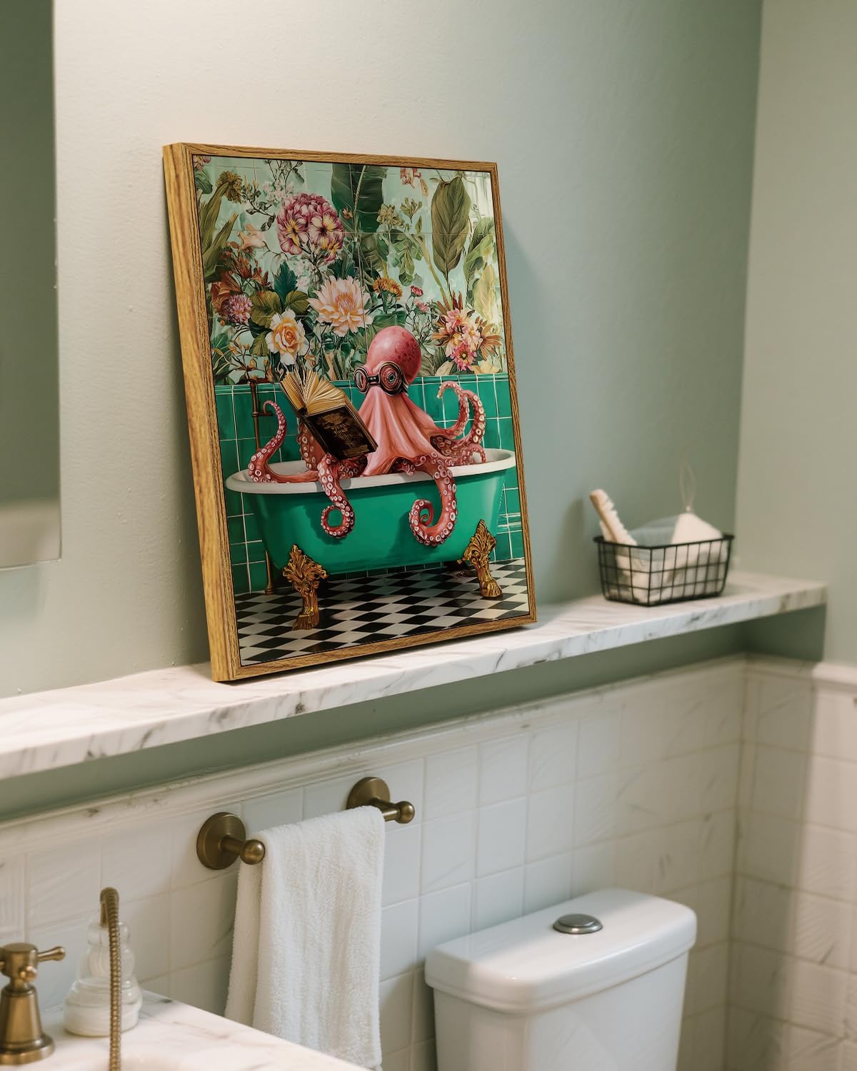 WHASAYART Framed Funky Funny Octopus Reading on bathtub Wall Art Canvas 12"x16", Whimsical, Floral and Botanical, Ocean Animal Abstract Modern Style Print for Bathroom Washroom Restroom Decor