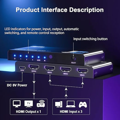 JCHICI HDMI Switch 3 in 1 Out, 4K@60Hz Switcher Splitter, Auto-Switching HDMI - Image 6