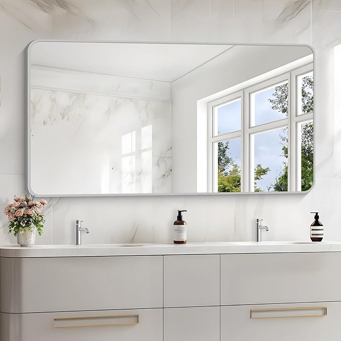 55x30 Inch Silver Bathroom Mirror, Large Rectangular Vanity Mirror, Metal - Image 2