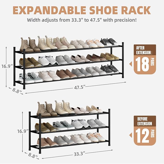 STORAGE MANIAC Long Expandable Shoe Rack, 18 Pairs Metal Wide Stackable Shoe - Image 2