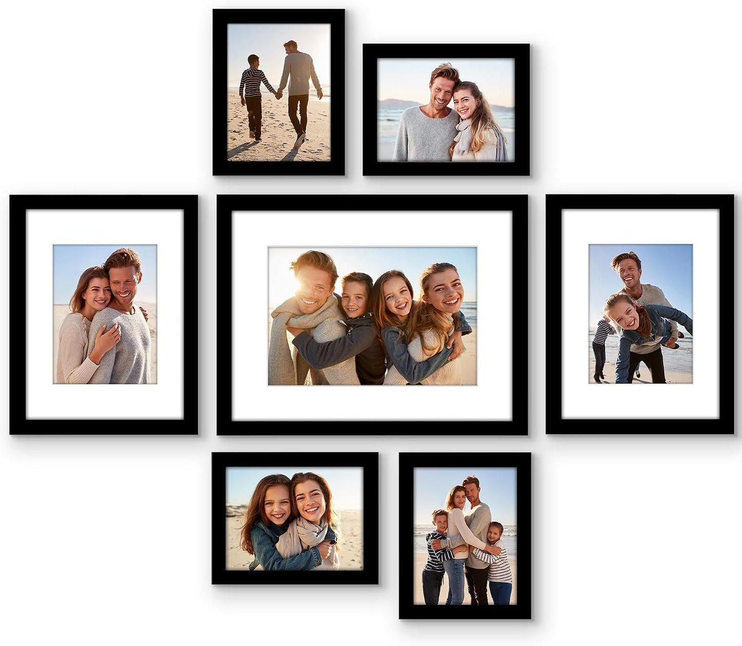 Americanflat Set of 7 Picture Frames with Shatter-Resistant Glass - Gallery Wall Frame Set with One 16x12, Two 9x12, and Four 6x8 Frames - Signature Collection - Black