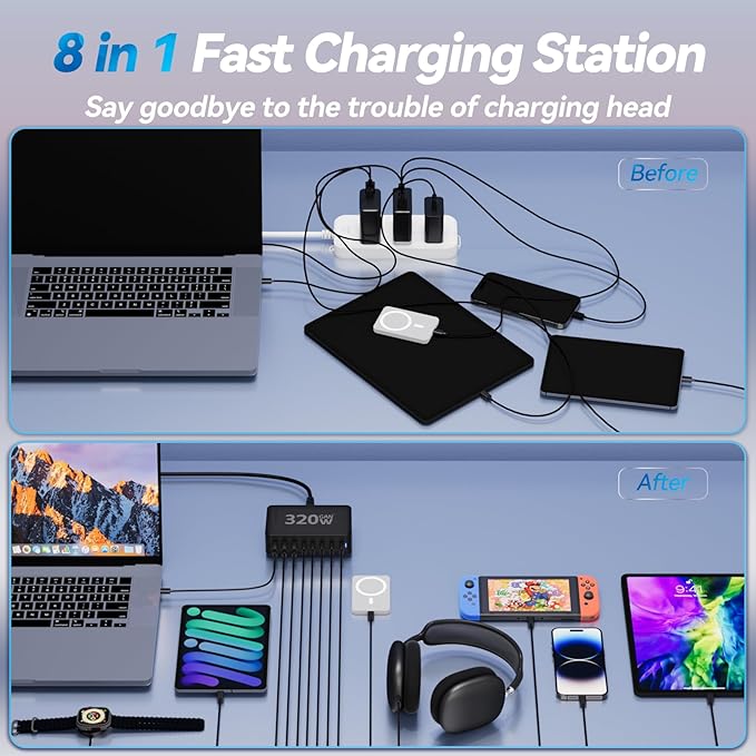 Upgrade USB C Desktop Charger, 320W 8-Port GaN III Fast Charging Station Hub - Image 7