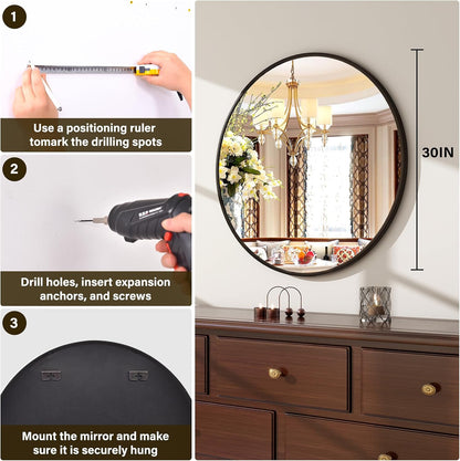 XRAMFY 30 Inch Round Mirror-Black Circle Mirrors for Bathroom, Entryway | Modern Hanging Vanity Mirror for Livingroom, Wall Decor, Bedroom, Matte Black Circle Decorative Wall Mirror