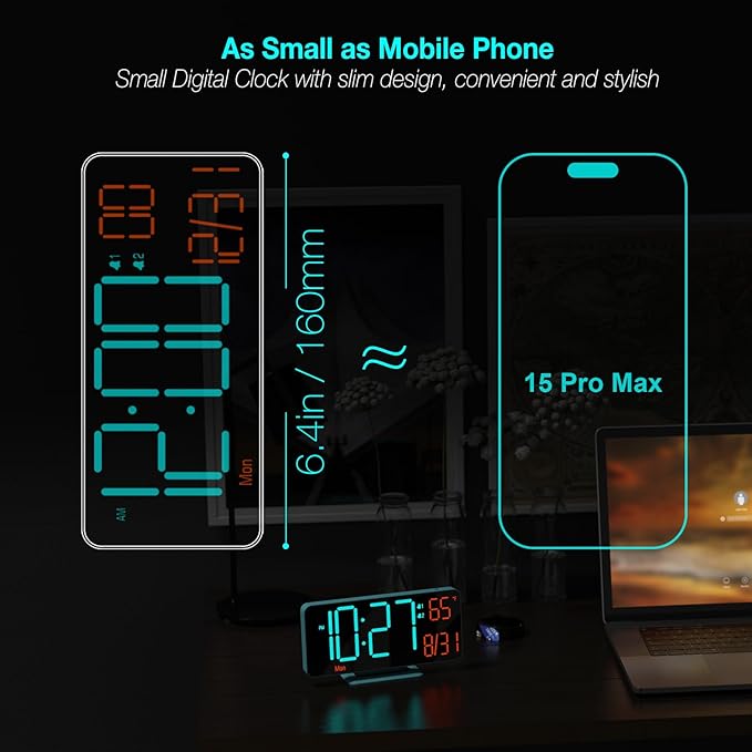 KOSUMOSU Alarm Clocks for Bedrooms, 6.7in Digital Clock, Auto Dimming, Room - Image 2