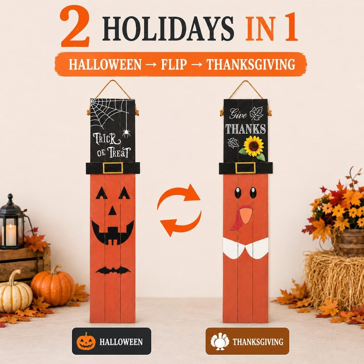 One-Piece Reversible Halloween Thanksgiving Porch Sign