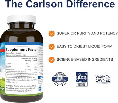 Carlson - Magnesium Gels, 400 mg of Magnesium per Softgel, Heart & Muscle - Image 2