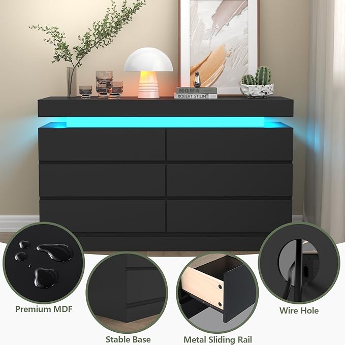 6 Drawer Dresser with Power Outlet, Dresser with LED Light, Modern Chest of - Image 6