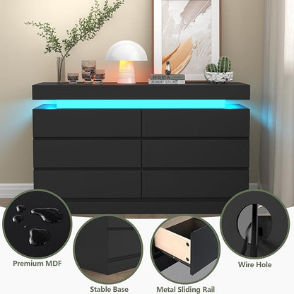 6 Drawer Dresser with Power Outlet, Dresser with LED Light, Modern Chest of - Image 6