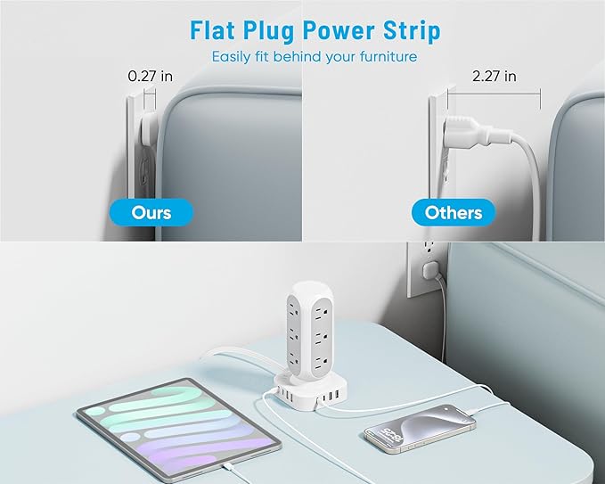 Tower Surge Protector Power Strip, Flat Plug Outlet Extender - Image 4