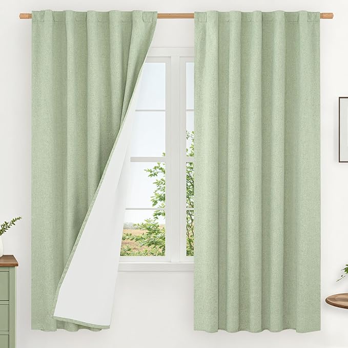LAMIT 100% Blackout Linen Curtains, 63 Inches Linen Textured Thermal Bedroom by LAMIT