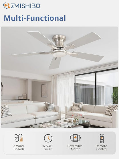 ZMISHIBO 42 Inch Ceiling Fan No Light, Flush Mount Low Profile, Modern Nickel - Image 2