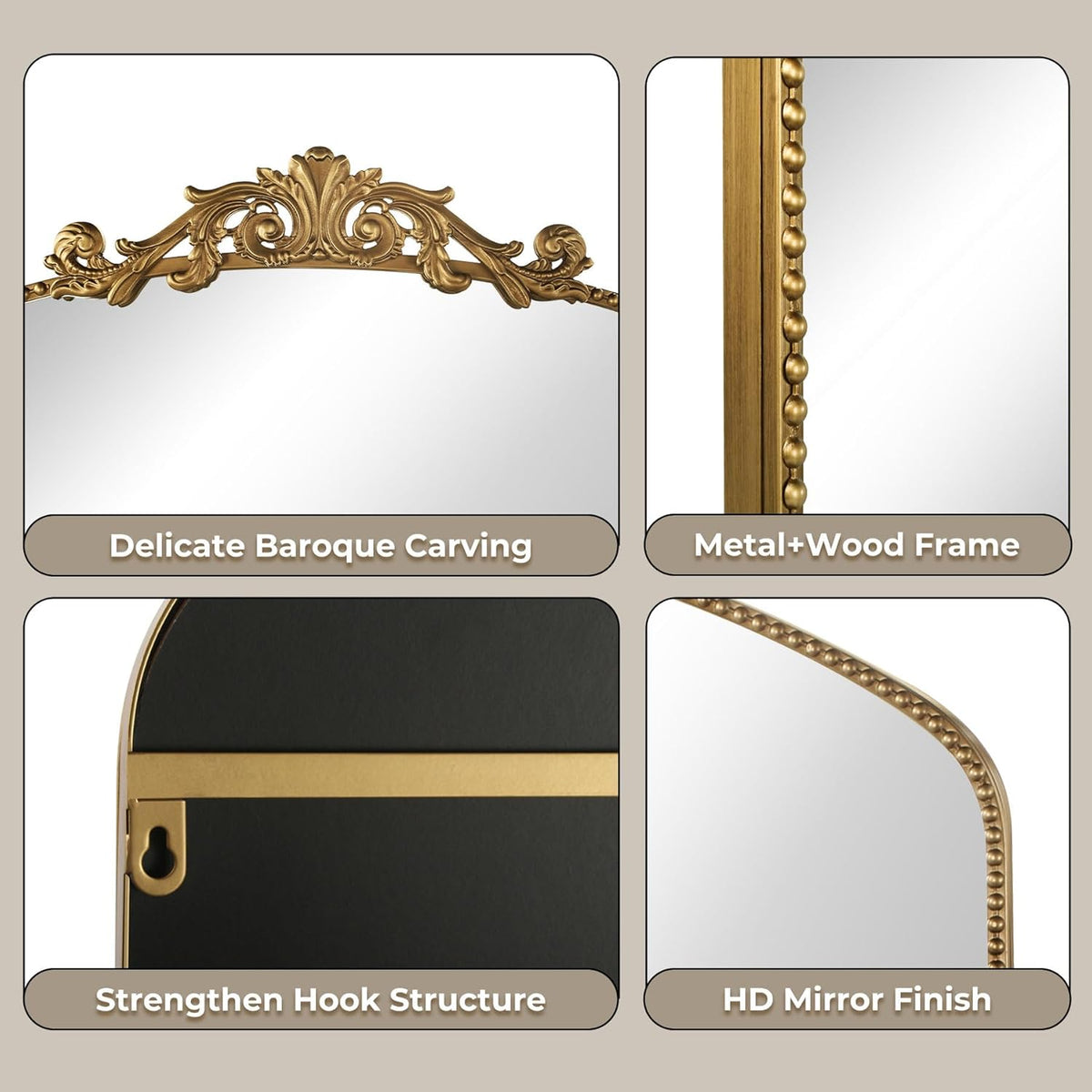 Vintage Gold Baroque Wall Mirror 40"x30", Arched Beaded Frame | Vintage Wide Horizontal Design, Tempered Glass, Ideal for Living Rooms, Entryways, Bathrooms and Above Fireplaces