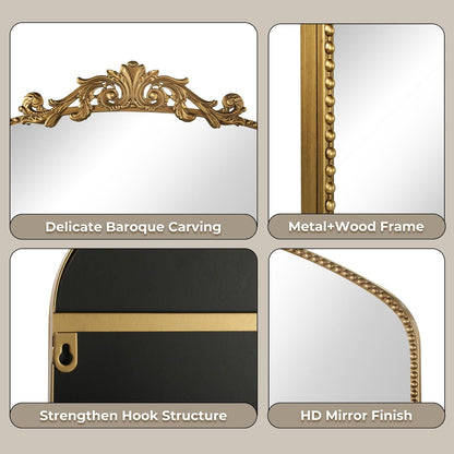 Vintage Gold Baroque Wall Mirror 40"x30", Arched Beaded Frame | Vintage Wide Horizontal Design, Tempered Glass, Ideal for Living Rooms, Entryways, Bathrooms and Above Fireplaces