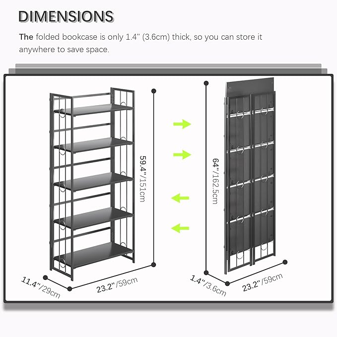 4NM No Assembly 5 Tiers Folding Bookshelf, 59.4" H Foldable Storage Shelves - Image 2