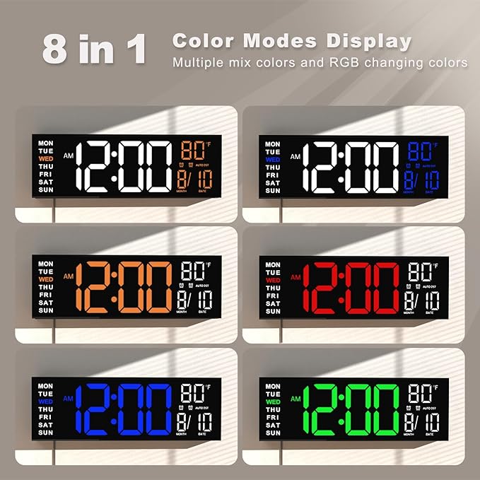 JALL 16" Large Digital Wall Mount Clock, Count Down Timer, Big LED, RGB Color - Image 3